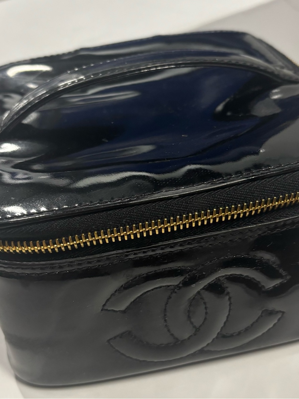CHANEL Black Patent Quilted Vanity Case with Gold Zipper